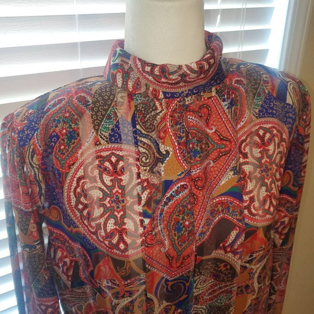 Nicola Vintage Funky Paisley Highneck Blouse- Size 14 Large